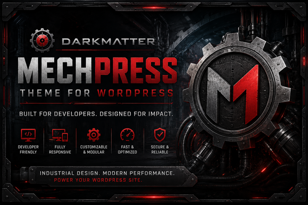 MechPress keeps WordPress familiar while replacing the generic blog aesthetic with a controlled industrial interface. Content remains the primary system. The theme supplies structure, hierarchy, atmosphere, and responsive discipline.